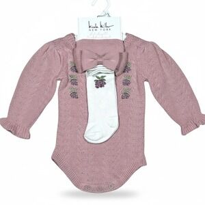 Nicole Miller New York Baby Girls Pink Knit Romper Headband Socks Set 3-6M